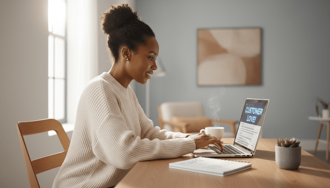 Business owner reviewing positive customer feedback and reviews on laptop at their London office desk