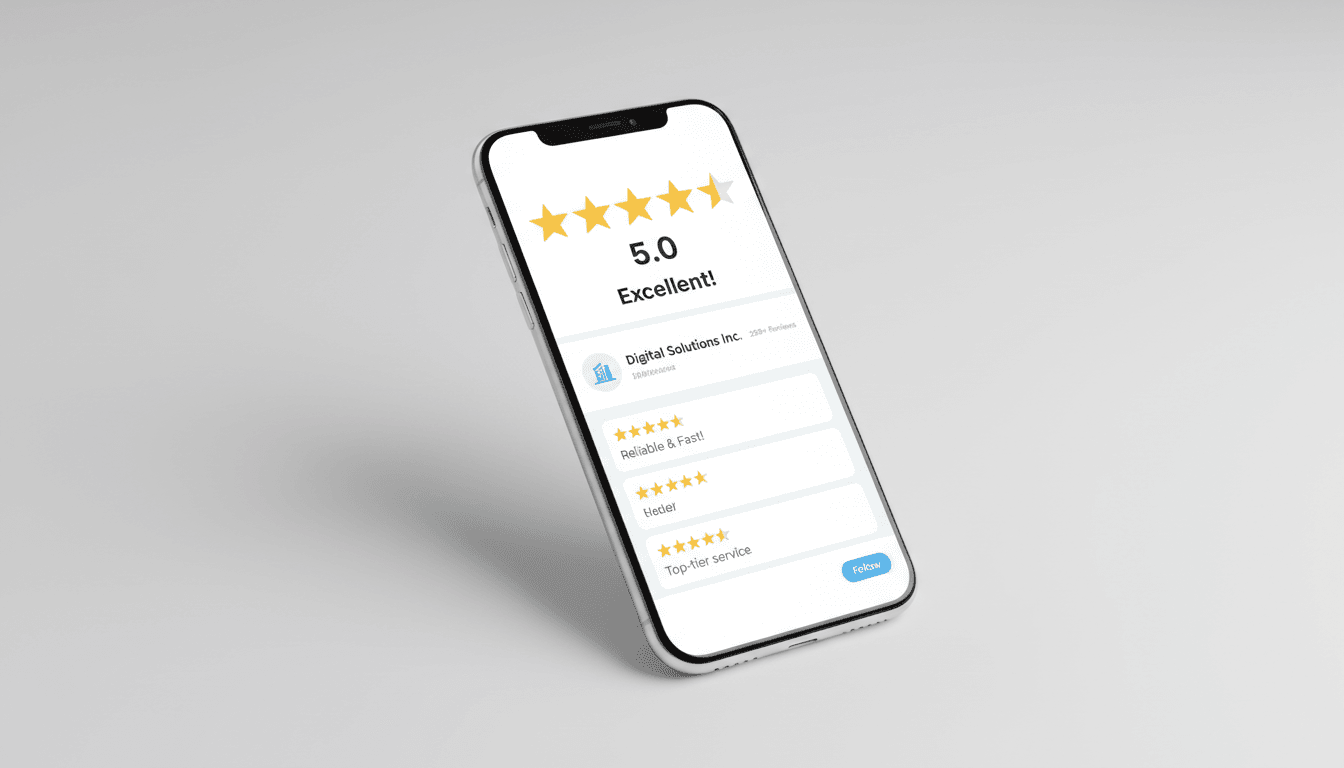 Smartphone showing five-star business reviews and ratings