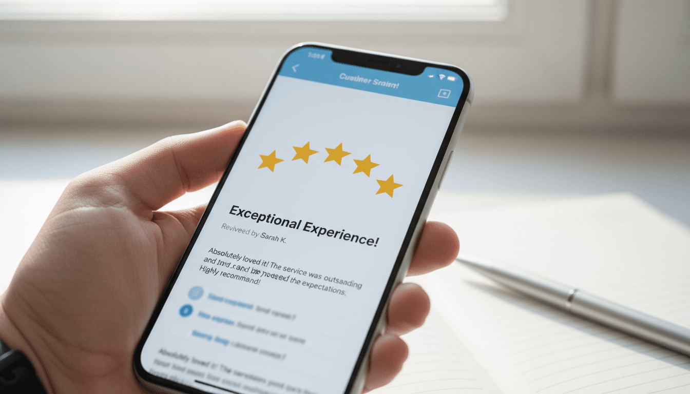 Five-star customer review displayed on mobile device