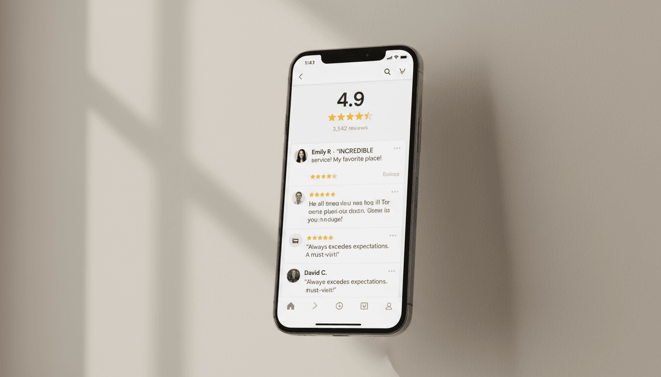 Smartphone showing five-star customer reviews
