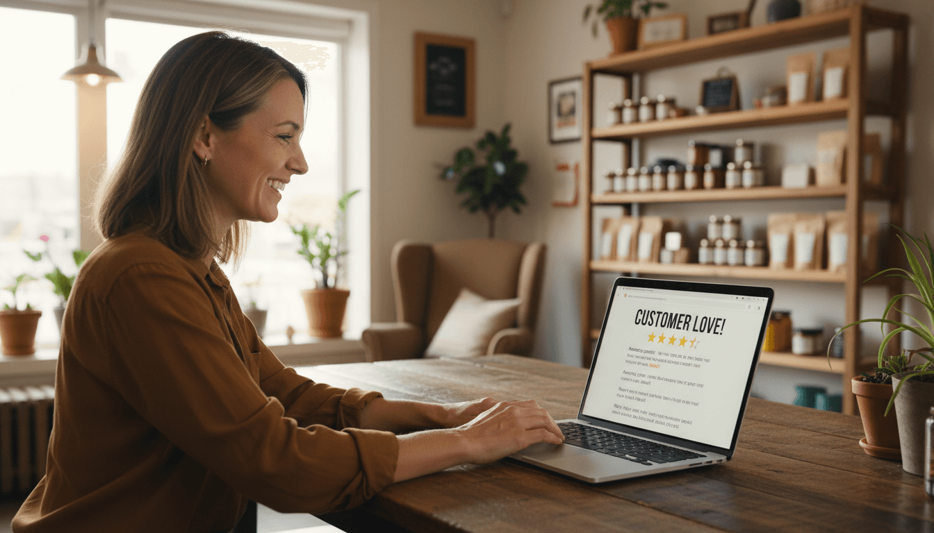 Business owner reviewing positive customer reviews on laptop