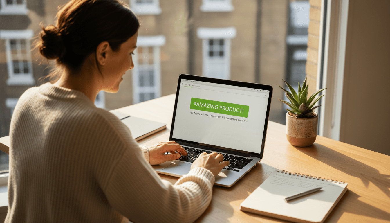 Business owner reviewing positive customer feedback on laptop