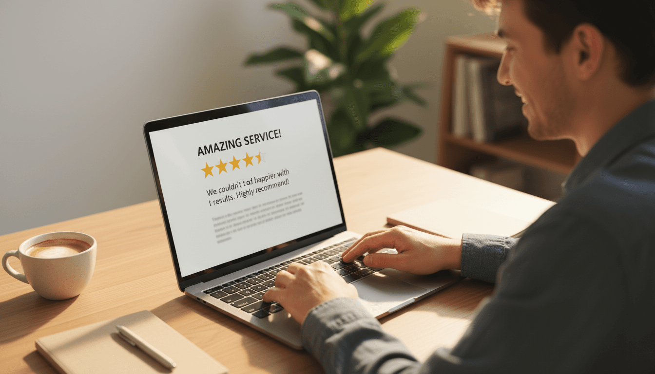 Business owner reviewing positive customer feedback on a laptop