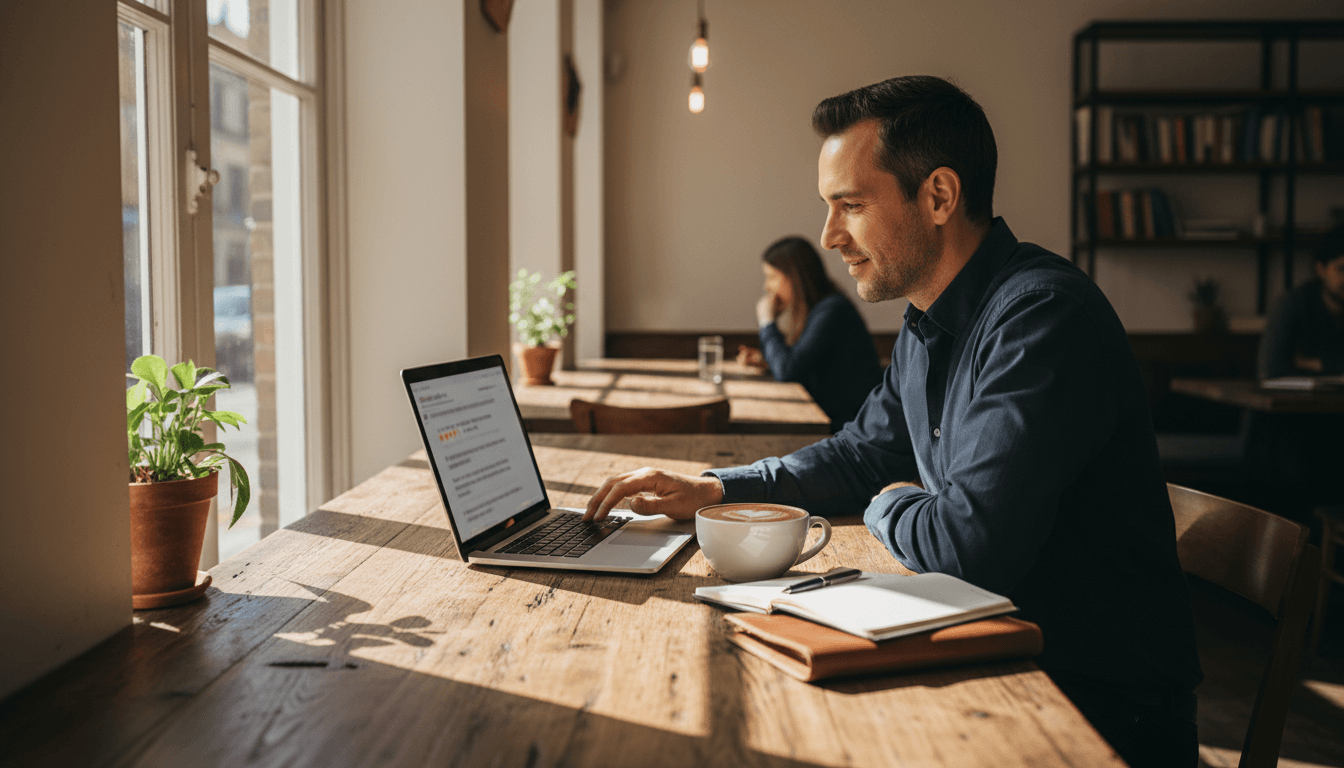 Business owner reviewing positive customer feedback on laptop