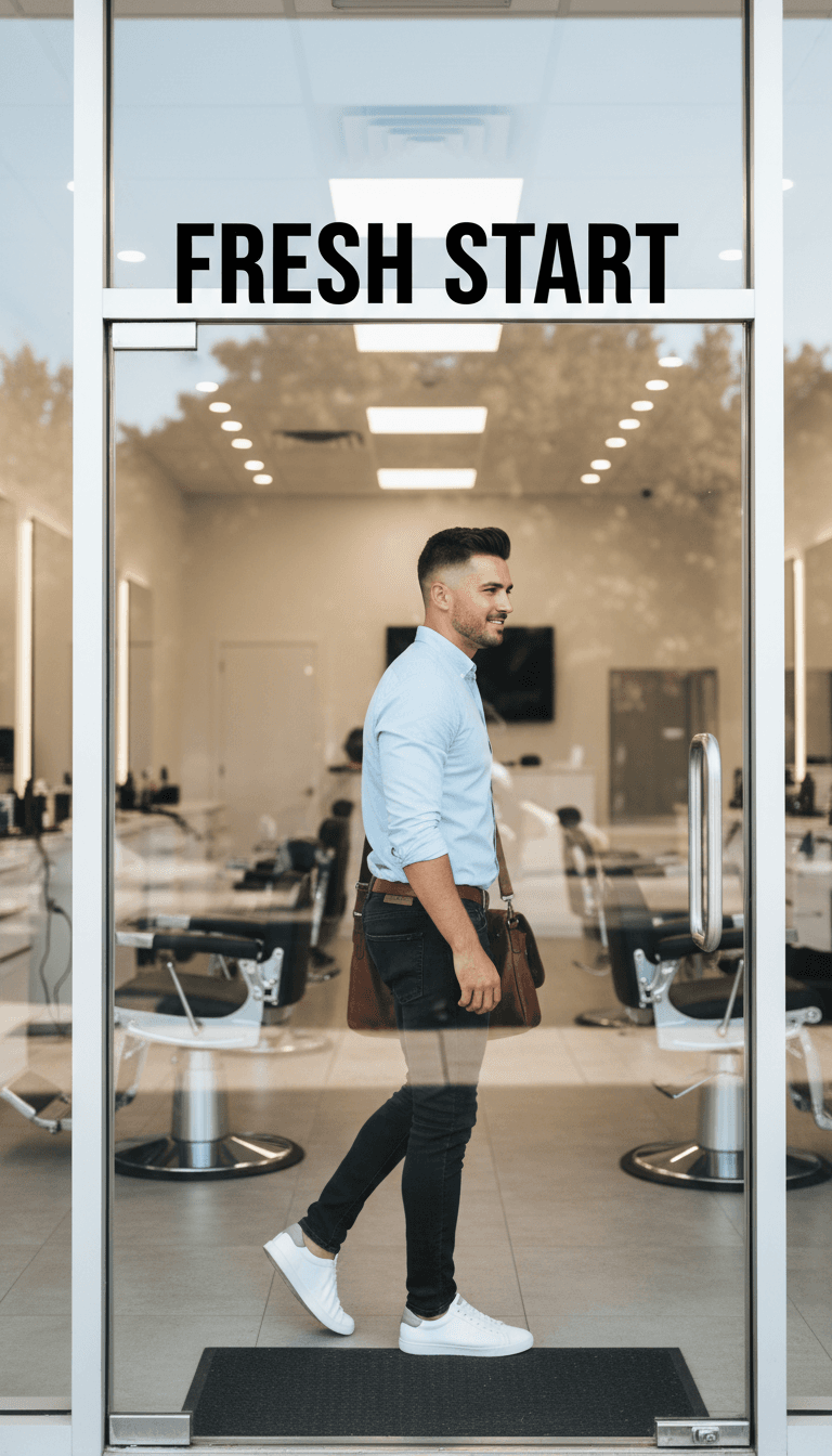 Satisfied customer with fresh haircut leaving modern barbershop with confident posture and smile
